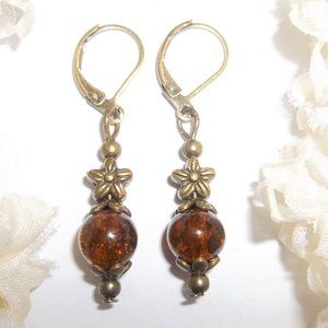 Brown & Bronze Boho Earrings Flower Handmade 5820